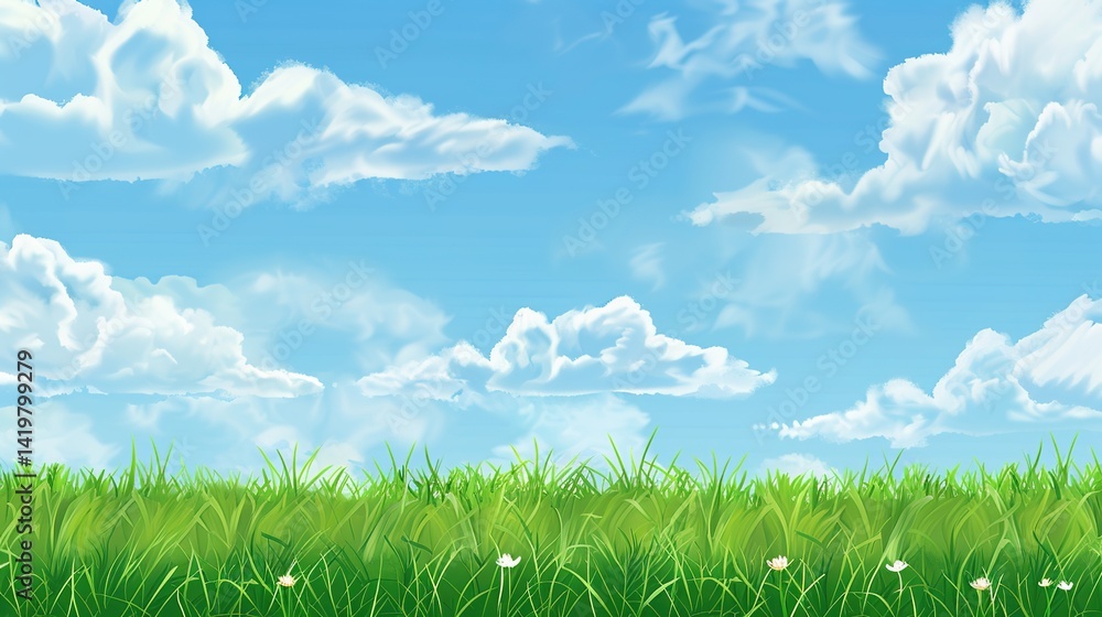 Obraz premium Grassland and White Clouds Natural Background: A Serene Tapestry of Earth and Sky
