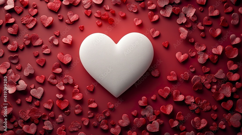 Abstract romantic frame with central white heart and floating red mini hearts for customizable message Abstract romantic frame with central white heart and floating red mini hearts for customizable message