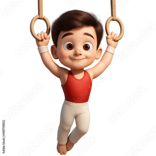 Cheerful boy hanging on gym rings in a playful setting  