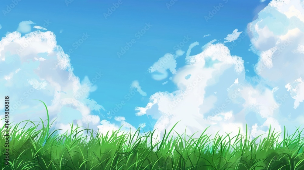 Fototapeta premium Grassland and White Clouds Natural Background: A Serene Tapestry of Earth and Sky