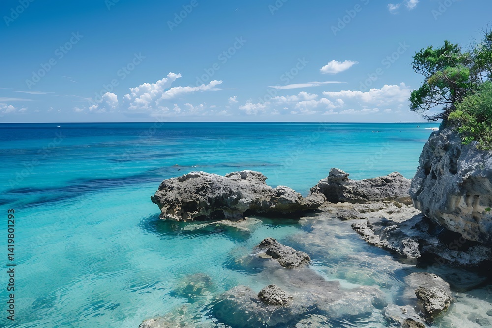 Fototapeta premium Vivid Turquoise Ocean And Rocky Coastline Under A Clear Blue Sky