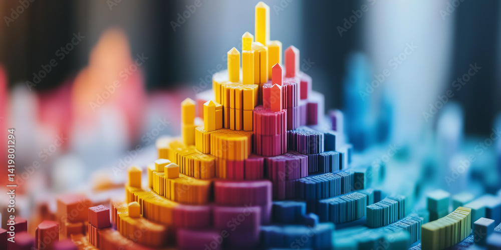 Obraz premium 3D corporate terms inequality visualized through 3D corporate structure metaphor emphasizing hierarchical financial disparities across organization layers