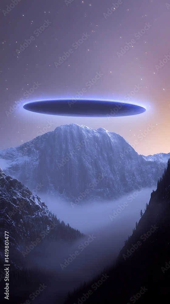 UFO hovers over misty mountain range at dawn UFO hovers over misty mountain range at dawn
