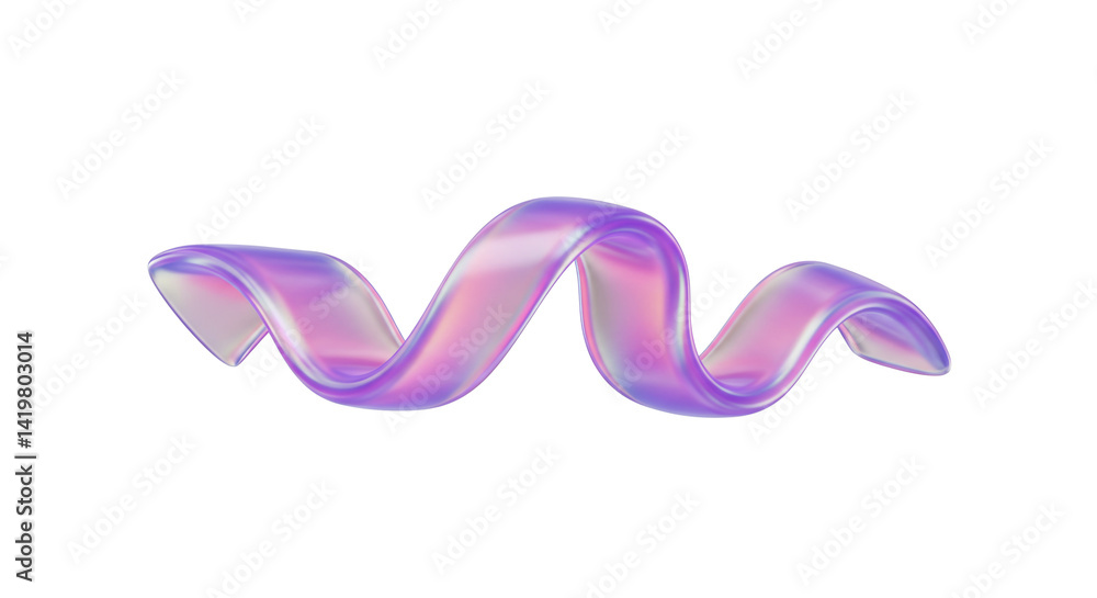 Iridescent ribbon with a wavy shape floating on a white background in a studio shot close up view Iridescent ribbon with a wavy shape floating on a white background in a studio shot close up view