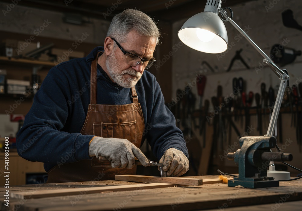 A gray-haired carpenter uses measuring tools, lit by a lamp, in a workshop setting. A gray-haired carpenter uses measuring tools, lit by a lamp, in a workshop setting.
