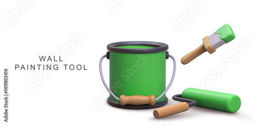 Painting Tools With Green Paint Bucket, Brush, And Roller In 3D Cartoon Style, Perfect For Home Renovation, DIY, And Decoration Projects, Bright And Fun Vector Illustration.
