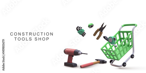 Construction Tools Shopping Cart, 3D Icons With Drill, Hammer, Pliers, Tape Measure, Allen Keys, Repair And DIY Equipment For Home Improvement And Building Projects, Vector Illustration.