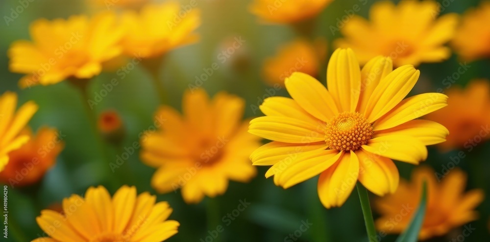 Fototapeta premium Vibrant yellow & orange daisy blooms, close-up view , orange, daisies