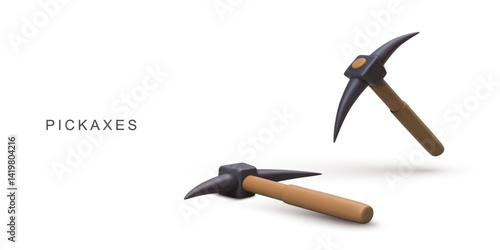 Pickaxe Tool 3D Icon, Mining And Construction Equipment For Digging, Excavation, Breaking Ground, Adventure Concept, Isolated On White, Minimal Style, Vector Illustration.
