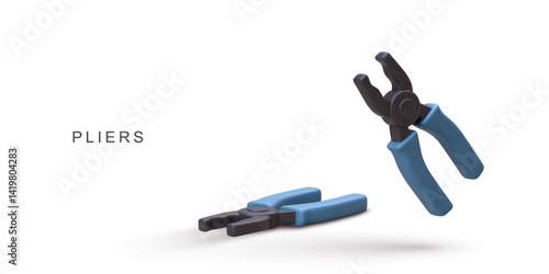 Pliers Tool With Blue Rubber Handles And Black Metal Jaws For Gripping, Twisting, And Cutting Tasks In Minimal 3D Style On White Background, Ideal For Repair And Workshop Concepts, Vector Illustration