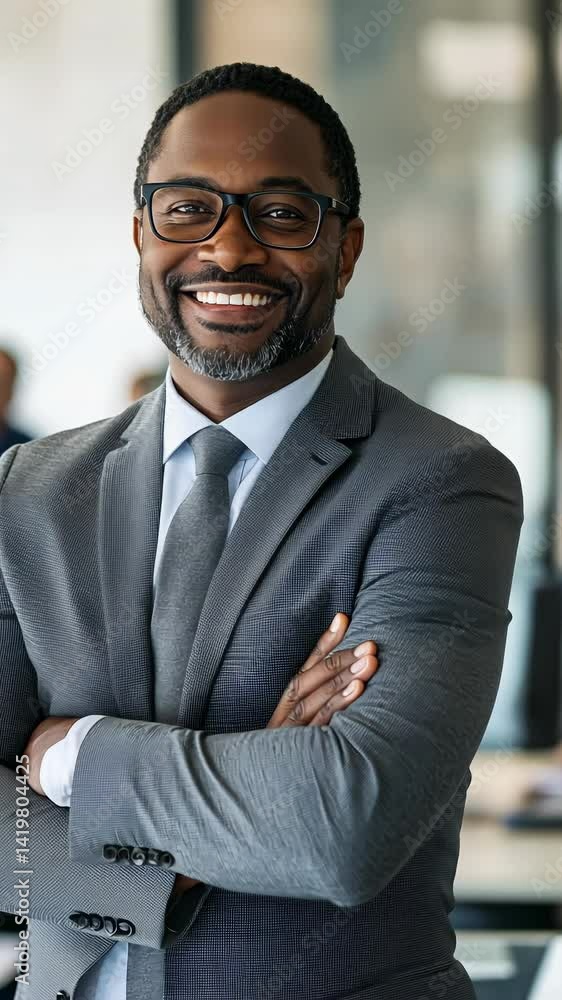 A mature professional stands with his arms crossed, exudes confidence and expertise. He wears glasses and a grey suit, suggesting experience and a focus on the future. A mature professional stands with his arms crossed, exudes confidence and expertise. He wears glasses and a grey suit, suggesting experience and a focus on the future.