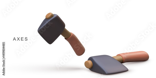 Axe Tool 3D Icon, Minimal Cartoon Style Illustration Of Heavy Duty Hand Tool For Woodcutting, Chopping, Construction, Outdoor Survival And Adventure Gear, Isolated On White Background, Vector