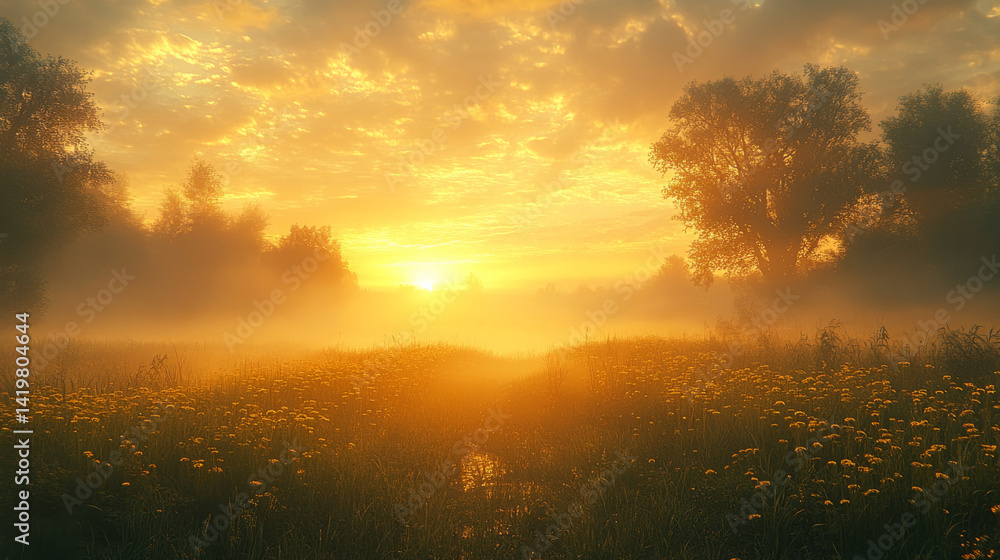 Naklejka premium Peaceful countryside enveloped in morning mist before sunrise, with trees silhouetted in the distance