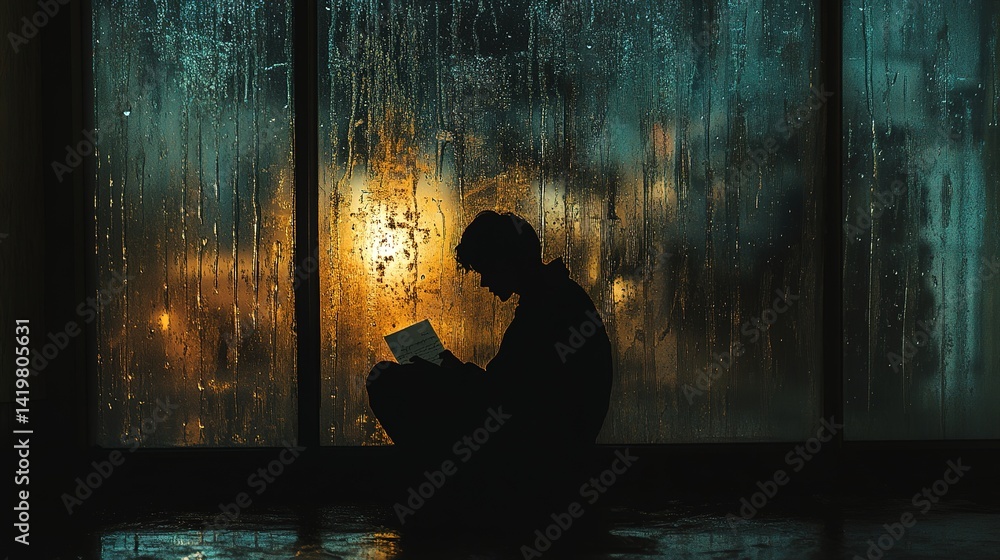 Silhouette of person reading by window with raindrops and blurred city lights. Silhouette of person reading by window with raindrops and blurred city lights.