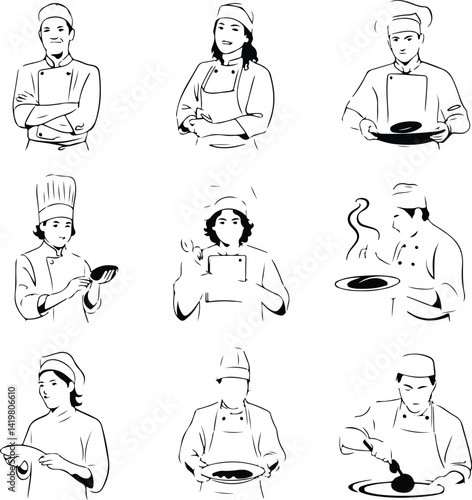 Wallpaper Mural Chef Portrait One Line Drawing | Minimalist Vector Silhouette Continuous Line Chef Sketch | Outline Vector Silhouette Set Torontodigital.ca