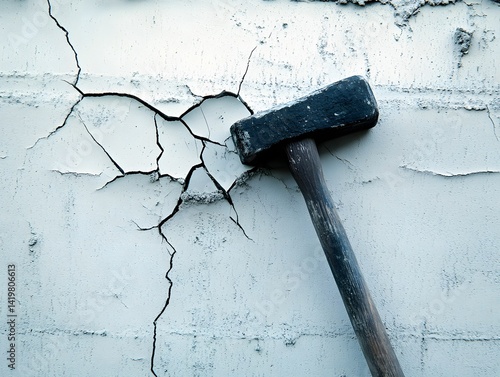 Close-up of a hammer striking a cracked wall, highlighting damage and repair efforts