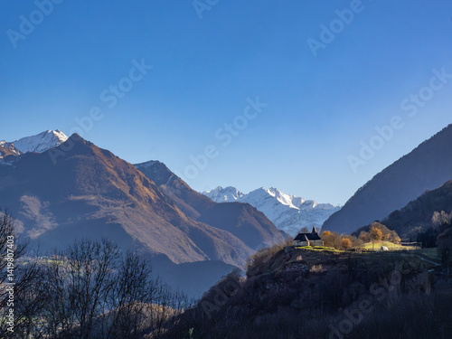 Photograph of Saint-Savin, a French commune located in the Hautes-Pyrénées department, in the Occitanie region in winter.