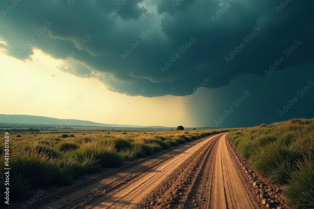 Fototapeta premium Ominous clouds gather above a lone, winding dirt track , photography, stormy, clouds