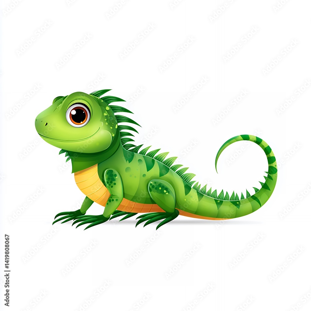 Fototapeta premium Cute Green Cartoon Iguana Illustration on White Background