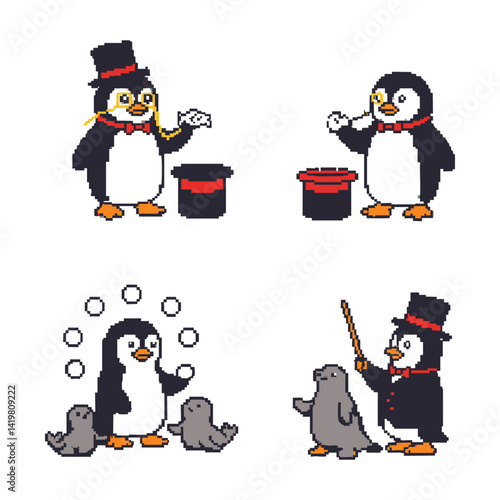 Four pixel art illustrations depict penguins in various magical acts