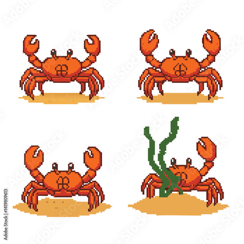 Four pixel art crabs in various poses, including one standing and another one interacting with seaweed on sand