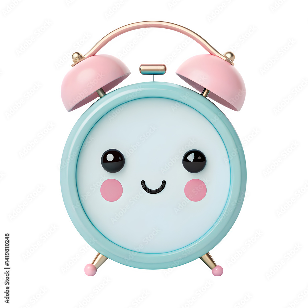 Cute pastel alarm clock, kawaii face, smiling expression, isolated on transparent background Cute pastel alarm clock, kawaii face, smiling expression, isolated on transparent background