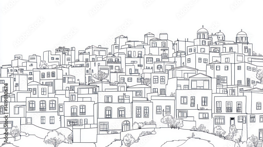 Fototapeta premium European Village Line Drawing, Coloring Book, Illustration, Background, Print, Postcard