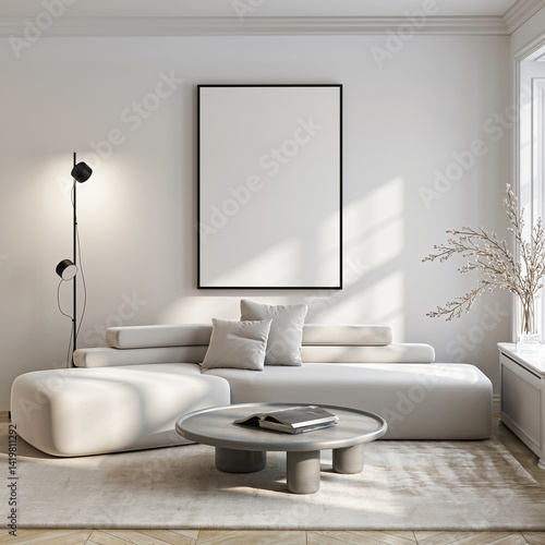 Poster mockup in a modern living room interior. Frame mockup with ISO A paper size. 3D illustration.