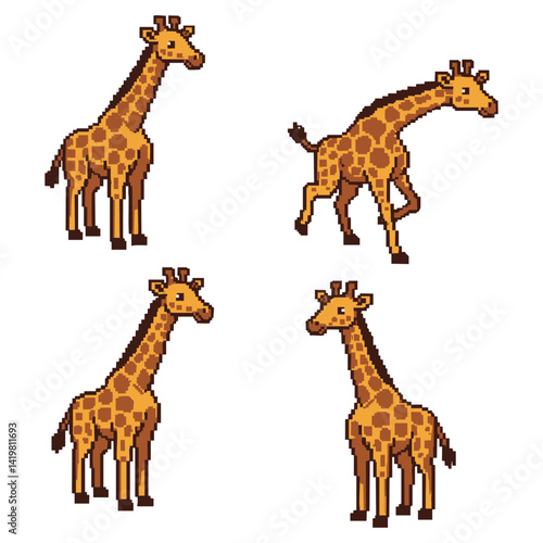 This image features four pixel art giraffes in different stances against a clean white background