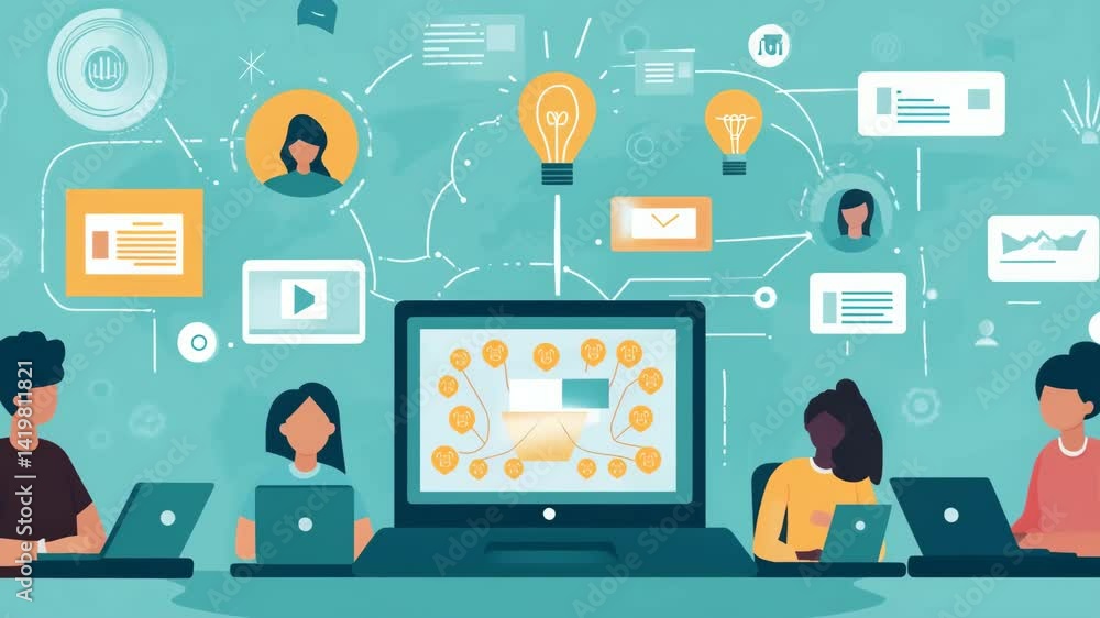 A group of people are working on a computer screen with a lot of icons and a lot of people A group of people are working on a computer screen with a lot of icons and a lot of people