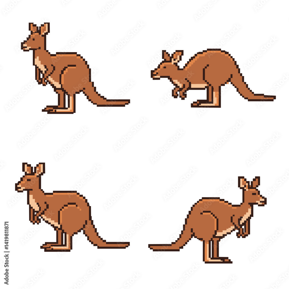 Fototapeta premium This image features four pixel art representations of kangaroos in various poses