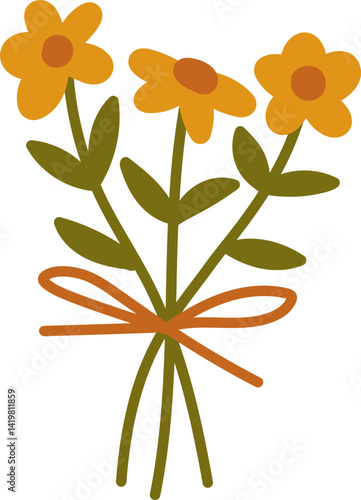 Bunch of Yellow Flowers Bouquet Simple Illustration sunflower blooming plants with stems and leaves