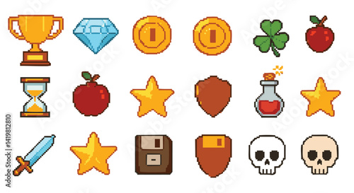 A collection of 16 pixelated game icons, perfect for a retro-style video game