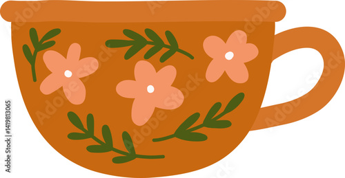 Trendy vase, glass cups with tea or coffee spring flowers textures Floral Botanical illustration.