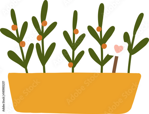 Cute Hand drawn tools and equipment element for gardening flowers plant in long container