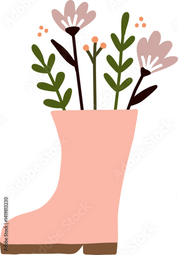 Hand drawn cute Spring flower bouquets in rubber rain boot garden shoes illustration