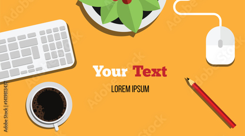 Computer Keyboard Mouse and Coffe Cup on the Table Top View. Office space objects and appliances vector art
