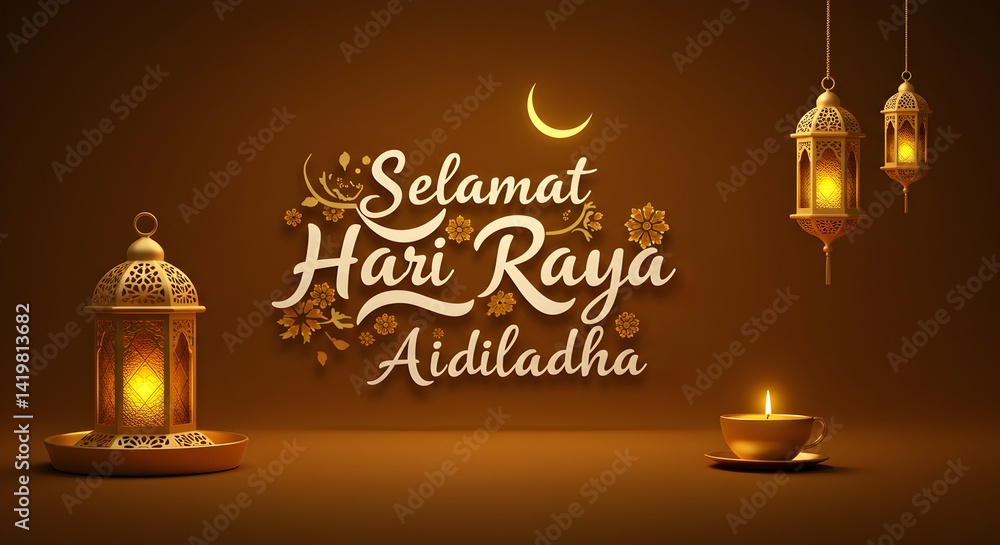 Naklejka premium Warm Hari Raya Aidiladha Greeting with Lanterns