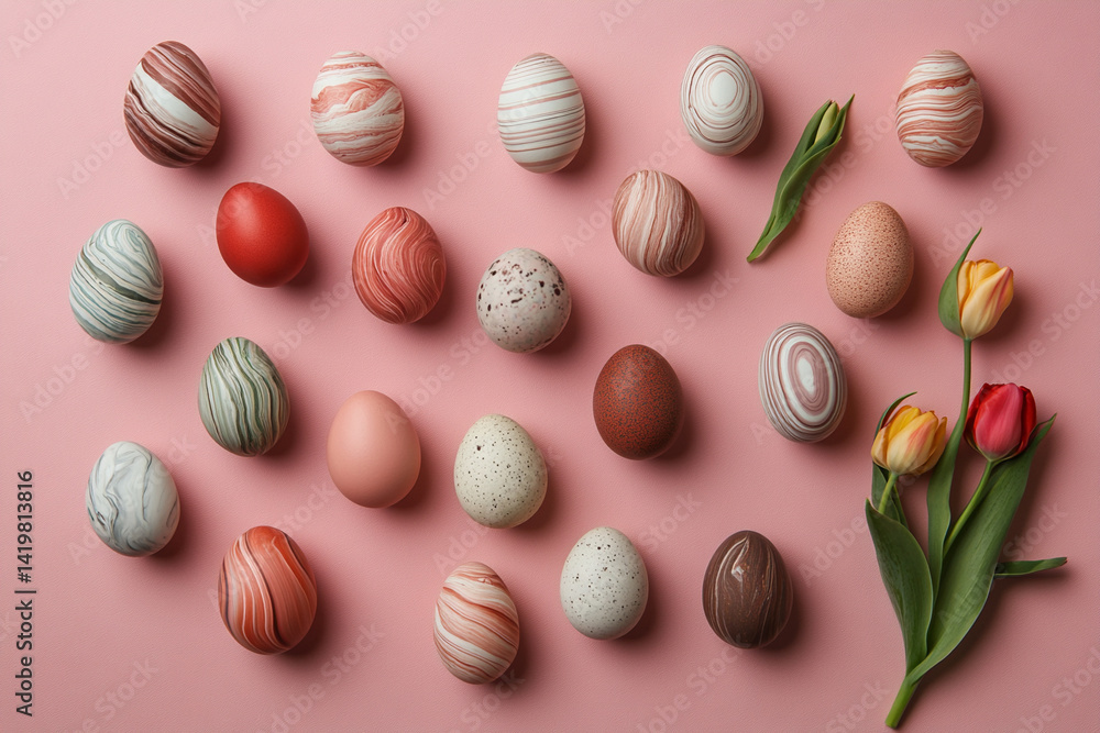 A collection of marbled Easter eggs and tulips arranged on a pink surface A collection of marbled Easter eggs and tulips arranged on a pink surface