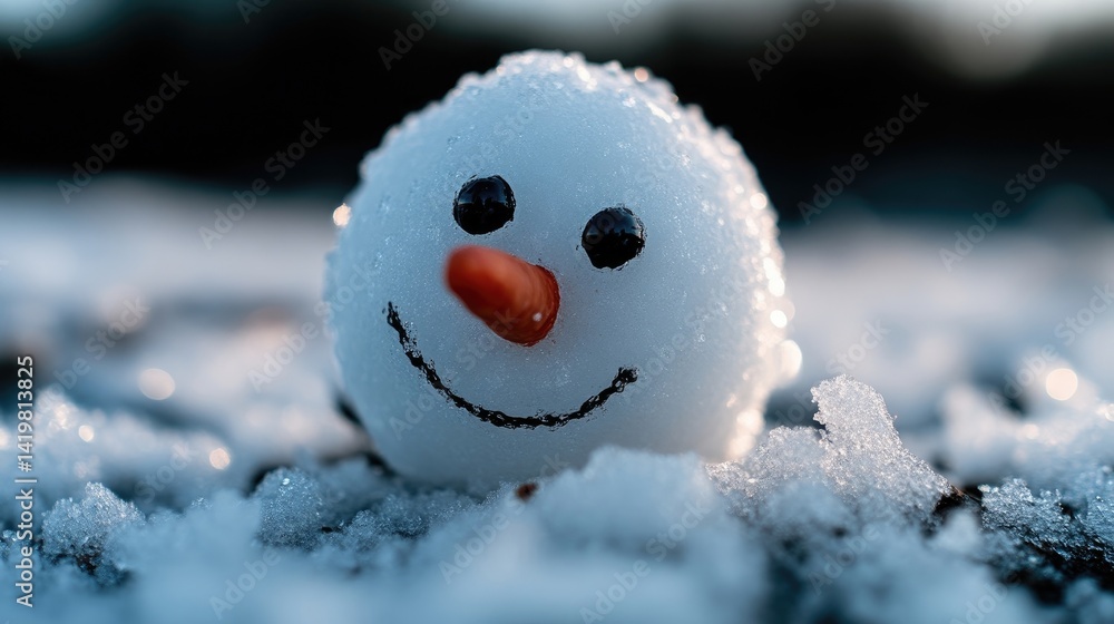 Obraz premium Simple snowman face in the snow. Close-up view of a small, handcrafted snowman with a cheerful expression. The textured snow is in sharp focus, while the background is softly blurred