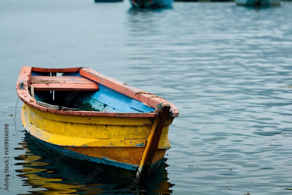 Weathered Wooden Boat Floating On Calm Water With Yellow And Blue Paint Weathered Wooden Boat Floating On Calm Water With Yellow And Blue Paint