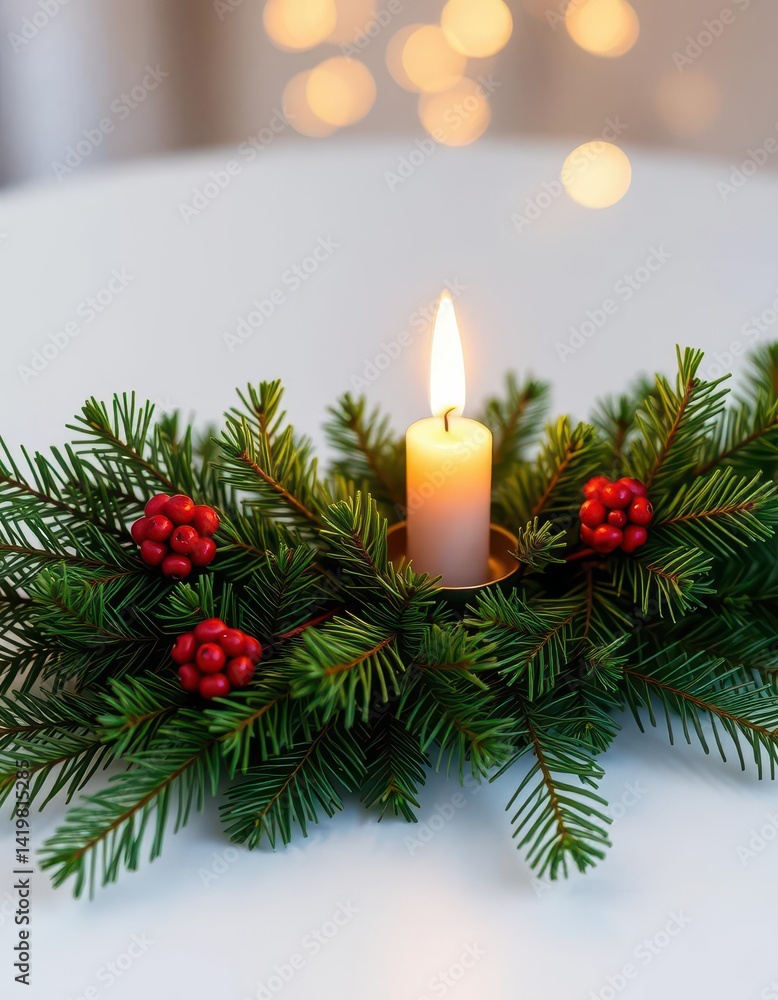 Elegant evergreen branch with burning candle in decorative clip, close-up, tree, still life Elegant evergreen branch with burning candle in decorative clip, close-up, tree, still life