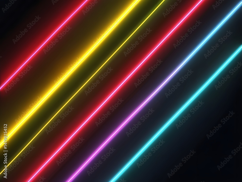 Fototapeta premium Diagonal neon lines of vibrant color on a dark background.