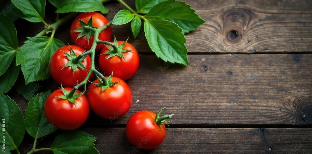 Ripe red tomatoes clustered on vine, rustic wood , leaf, ingredient, bright