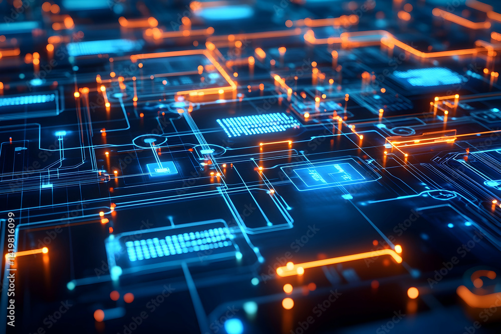 Obraz premium Abstract digital circuit board glowing with blue and orange light, representing technology, data flow, and connectivity. Perfect for tech, AI, and innovation concepts.