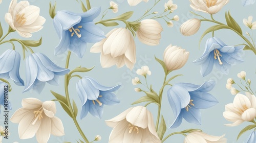 Delicate floral pattern featuring blue and white blossoms on a soft blue background.