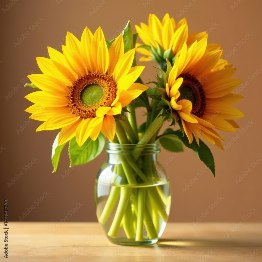 Fototapeta premium Sun-drenched sunflowers in a simple glass vase , sunshine, golden, shadow