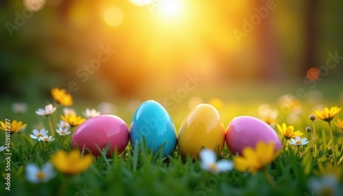 Spectacular sunrise illuminates bright Easter eggs amongst blooming wildflowers on lush green grass , backdrop, sunrise