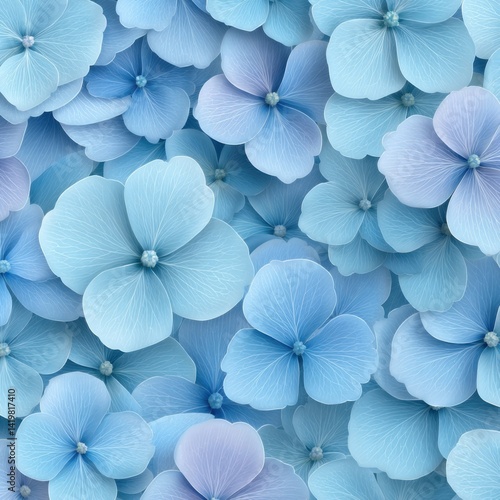A vibrant pattern of blue hydrangea flowers with intricate details.