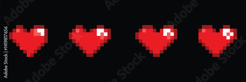 Three red pixelated hearts against a black background